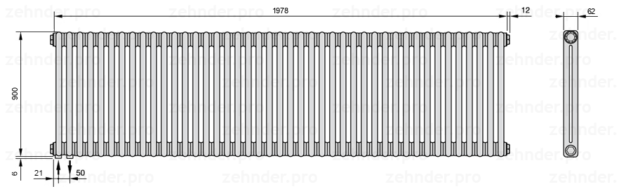 Схема (чертеж) Радиатор Zehnder Charleston 2090/43 №3370 Белый глянцевый RAL 9016